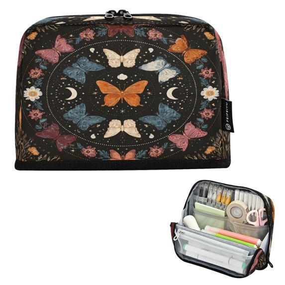 Standing Pencil Case with Base Large Capacity Stationery Pouch Pen Bag with Zipper for Women Men Colorful Butterflies with Flowers