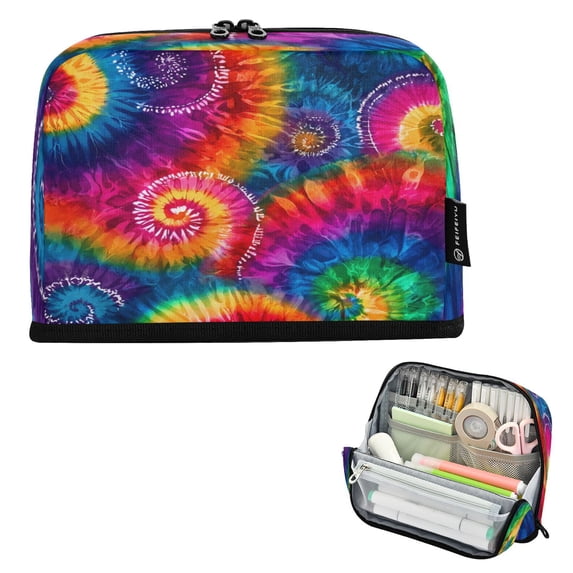 Standing Pencil Case with Base Large Capacity Stationery Pouch Pen Bag with Zipper for Women Men Colorful Tie-dye with Swirling
