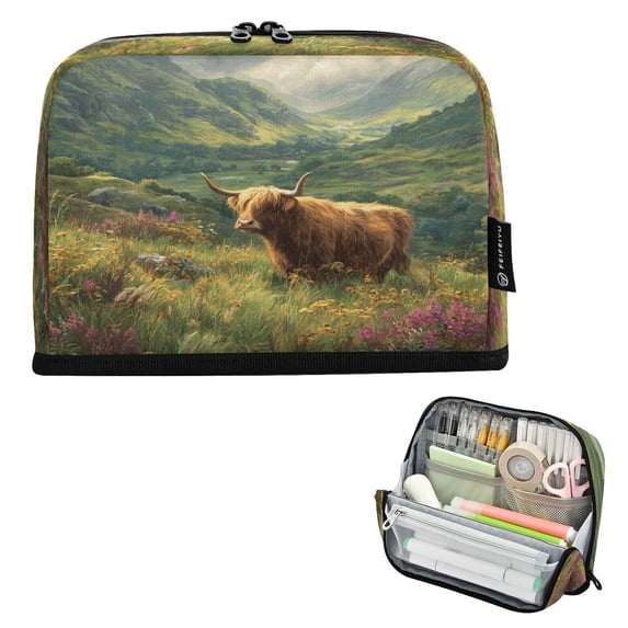 Standing Pencil Case with Base Large Capacity Stationery Pouch Pen Bag with Zipper for Women Men Cow in Green Rolling Hills