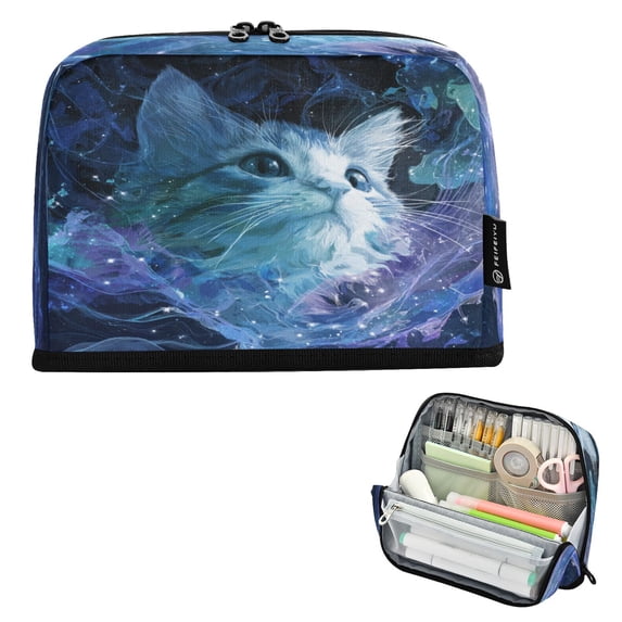 Standing Pencil Case with Base Large Capacity Stationery Pouch Pen Bag with Zipper for Women Men Cute Blue and White Cat