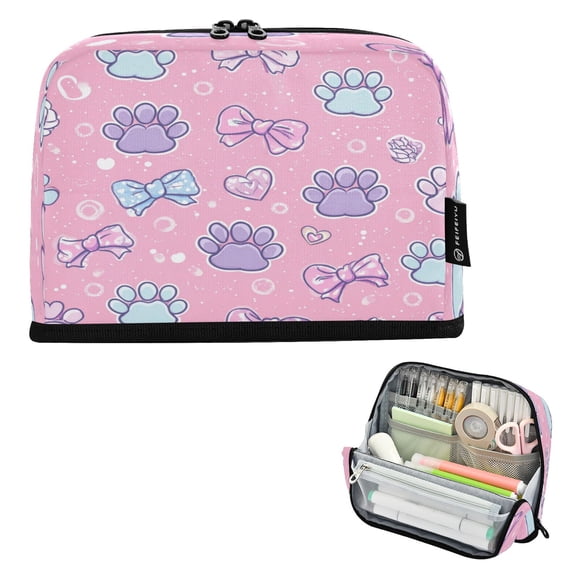 Standing Pencil Case with Base Large Capacity Stationery Pouch Pen Bag with Zipper for Women Men Dog Paw Prints and Bows