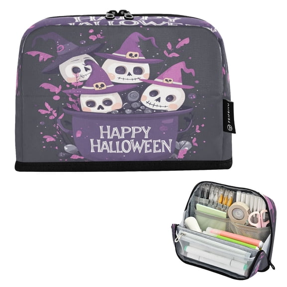 Standing Pencil Case with Base Large Capacity Stationery Pouch Pen Bag with Zipper for Women Men Flat Design Halloween Background