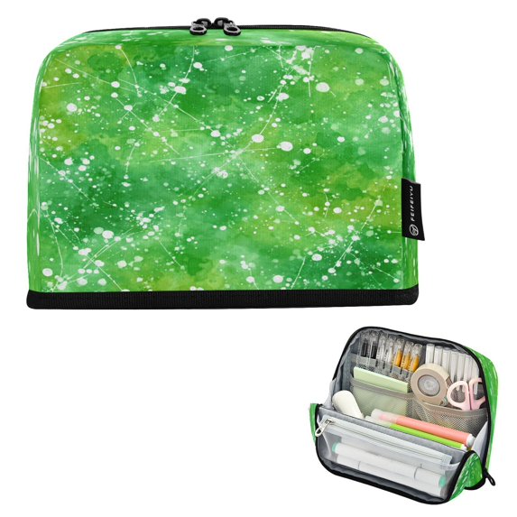 Standing Pencil Case with Base Large Capacity Stationery Pouch Pen Bag with Zipper for Women Men Green Ink Splatter Pattern