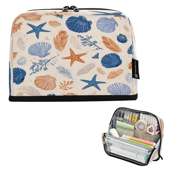 Standing Pencil Case with Base Large Capacity Stationery Pouch Pen Bag with Zipper for Women Men Hand-drawn Shell Pattern