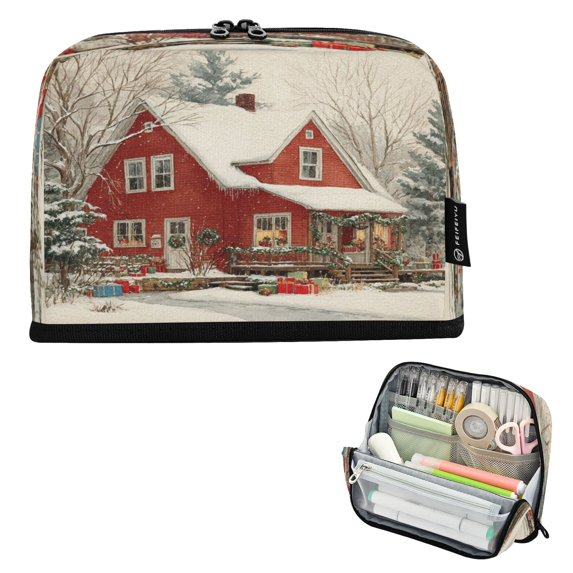 Standing Pencil Case with Base Large Capacity Stationery Pouch Pen Bag with Zipper for Women Men House with Snow-covered Roof