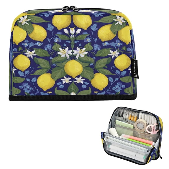 Standing Pencil Case with Base Large Capacity Stationery Pouch Pen Bag with Zipper for Women Men Lemon Pattern