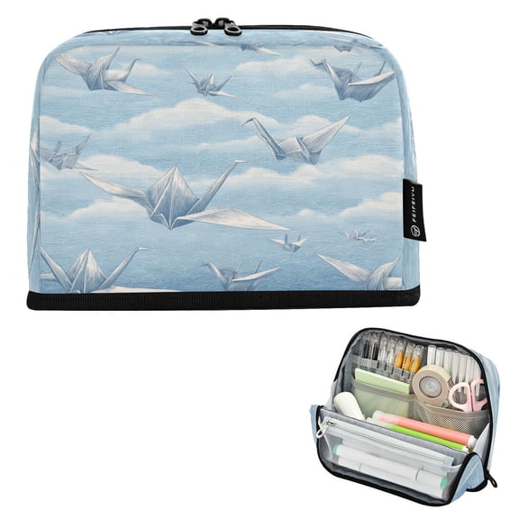 Standing Pencil Case with Base Large Capacity Stationery Pouch Pen Bag with Zipper for Women Men Light Blue Paper Cranes