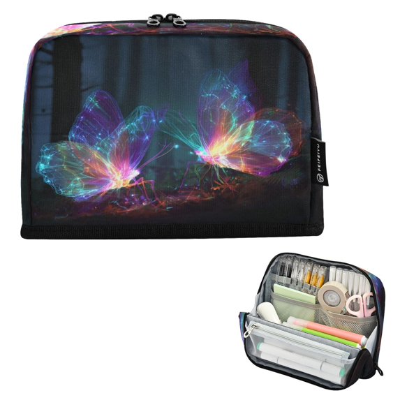 Standing Pencil Case with Base Large Capacity Stationery Pouch Pen Bag with Zipper for Women Men Neon Butterfly