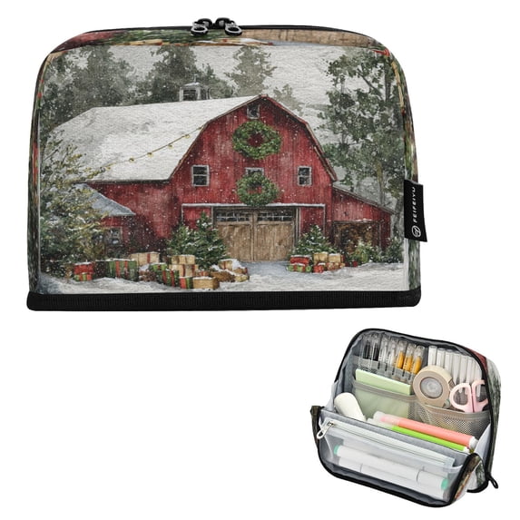 Standing Pencil Case with Base Large Capacity Stationery Pouch Pen Bag with Zipper for Women Men Old Red Barn