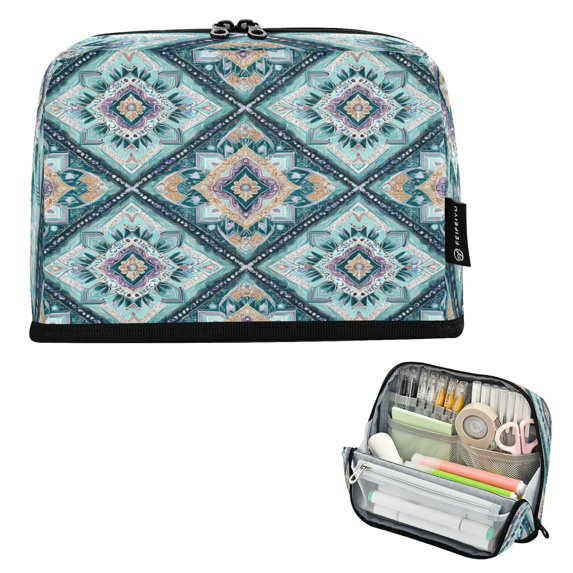 Standing Pencil Case with Base Large Capacity Stationery Pouch Pen Bag with Zipper for Women Men Pastel Blue Shape Pattern