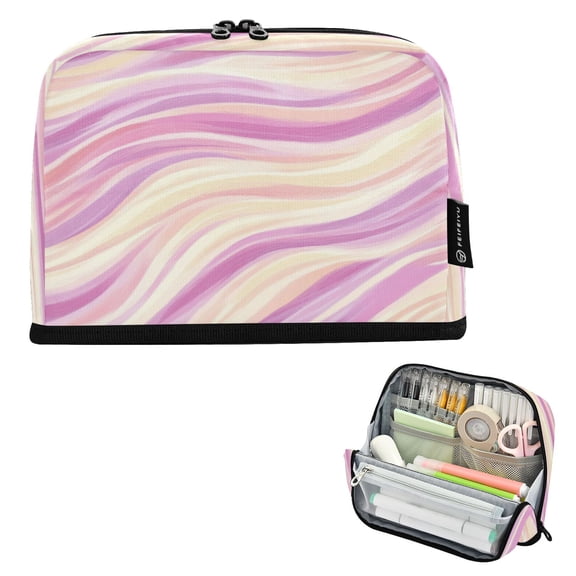 Standing Pencil Case with Base Large Capacity Stationery Pouch Pen Bag with Zipper for Women Men Pastel Pink Wavy Lines