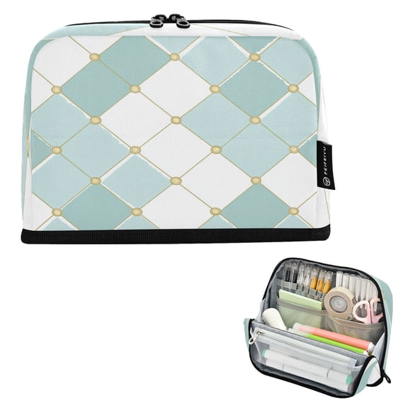 Standing Pencil Case with Base Large Capacity Stationery Pouch Pen Bag with Zipper for Women Men Pastel Teal Diamond Plaid