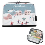 Standing Pencil Case with Base Large Capacity Stationery Pouch Pen Bag with Zipper for Women Men People Ice Skating on The Street