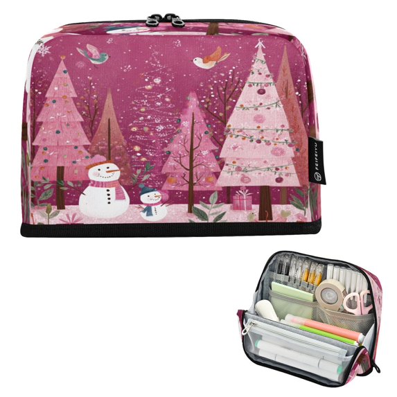 Standing Pencil Case with Base Large Capacity Stationery Pouch Pen Bag with Zipper for Women Men Pink Christmas Forest