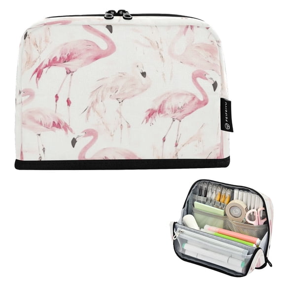Standing Pencil Case with Base Large Capacity Stationery Pouch Pen Bag with Zipper for Women Men Pink Flamingos
