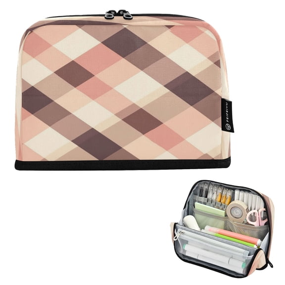 Standing Pencil Case with Base Large Capacity Stationery Pouch Pen Bag with Zipper for Women Men Pink and Dark Beige Plaid
