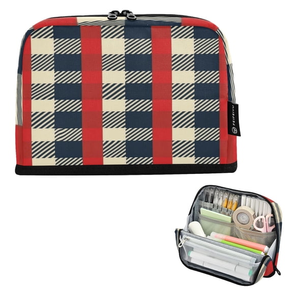 Standing Pencil Case with Base Large Capacity Stationery Pouch Pen Bag with Zipper for Women Men Red Plaid Pattern