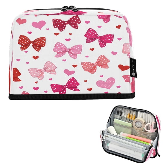 Standing Pencil Case with Base Large Capacity Stationery Pouch Pen Bag with Zipper for Women Men Red and Pink Bows