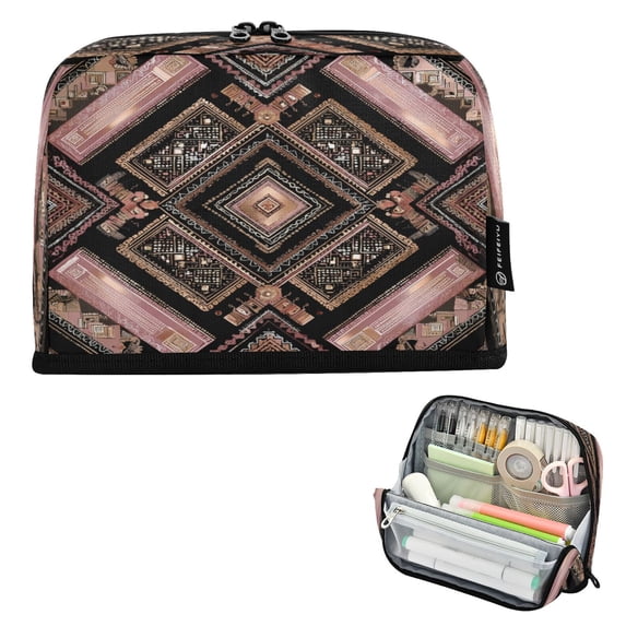 Standing Pencil Case with Base Large Capacity Stationery Pouch Pen Bag with Zipper for Women Men Retro Style Shape Pattern