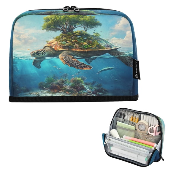 Standing Pencil Case with Base Large Capacity Stationery Pouch Pen Bag with Zipper for Women Men Sea Turtle Carrying Island