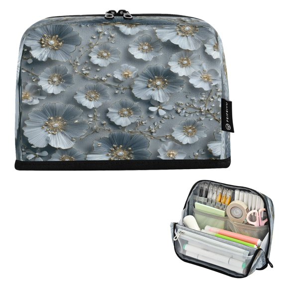 Standing Pencil Case with Base Large Capacity Stationery Pouch Pen Bag with Zipper for Women Men Silver Flowers Pattern