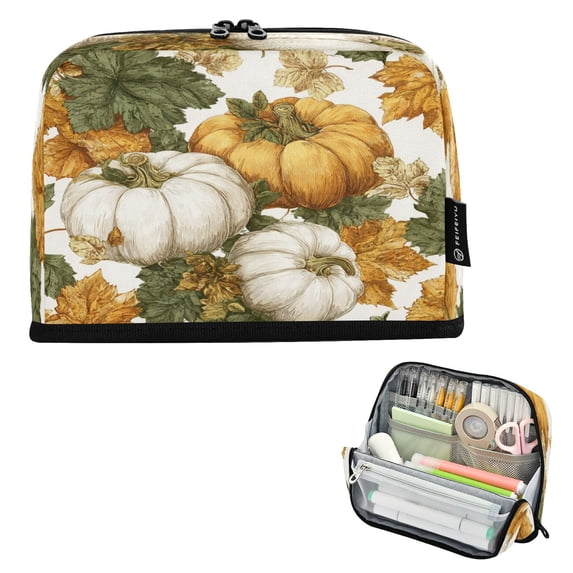 Standing Pencil Case with Base Large Capacity Stationery Pouch Pen Bag with Zipper for Women Men Vintage Pumpkin with Leaves