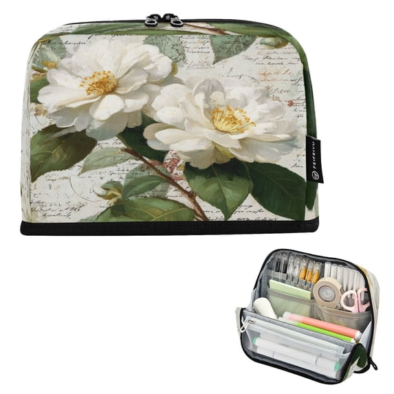 Standing Pencil Case with Base Large Capacity Stationery Pouch Pen Bag with Zipper for Women Men Vintage White Camellias