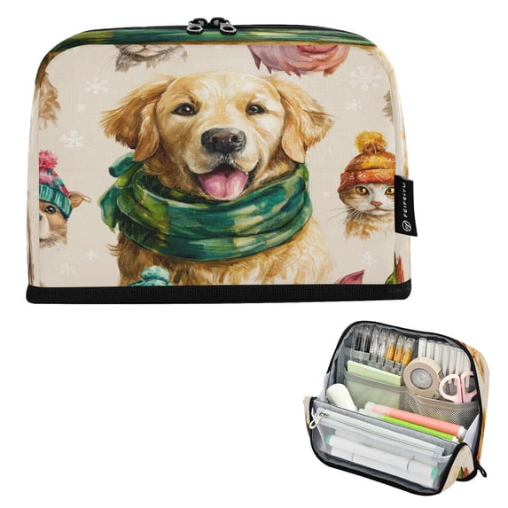 Standing Pencil Case with Base Large Capacity Stationery Pouch Pen Bag with Zipper for Women Men Watercolor Animals Pattern