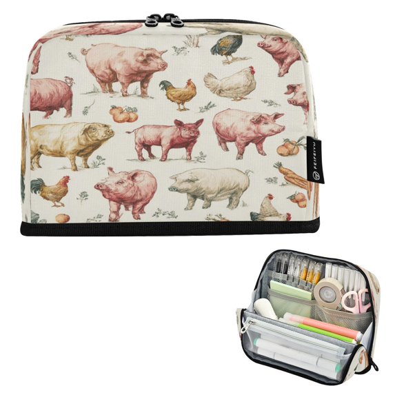 Standing Pencil Case with Base Large Capacity Stationery Pouch Pen Bag with Zipper for Women Men Watercolor Farm Animals