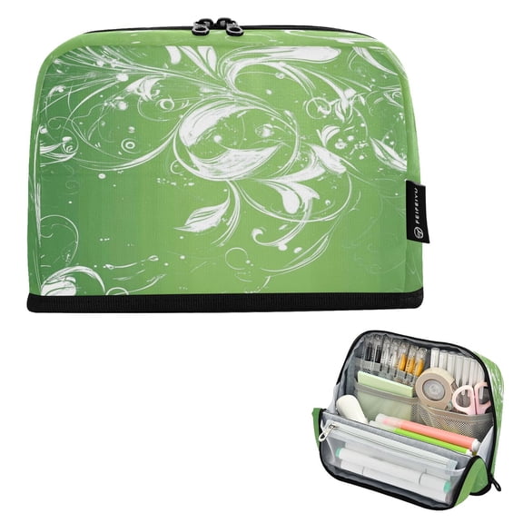 Standing Pencil Case with Base Large Capacity Stationery Pouch Pen Bag with Zipper for Women Men White Swirls and Designs