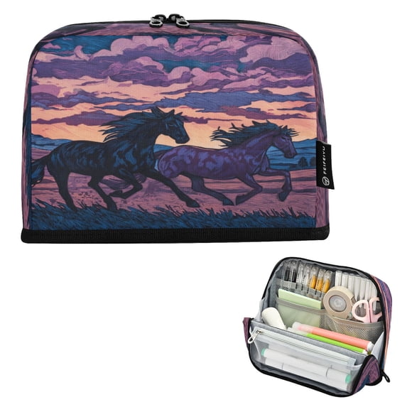 Standing Pencil Case with Base Large Capacity Stationery Pouch Pen Bag with Zipper for Women Men Wild Horses Running