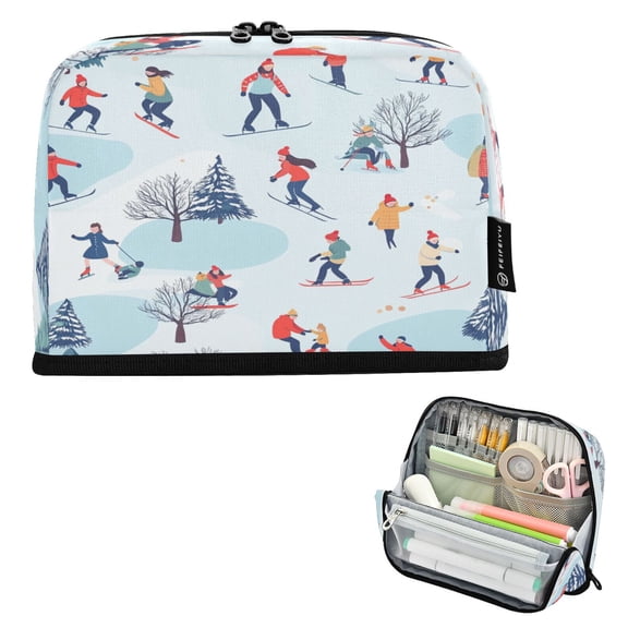 Standing Pencil Case with Base Large Capacity Stationery Pouch Pen Bag with Zipper for Women Men Winter Sports Pattern