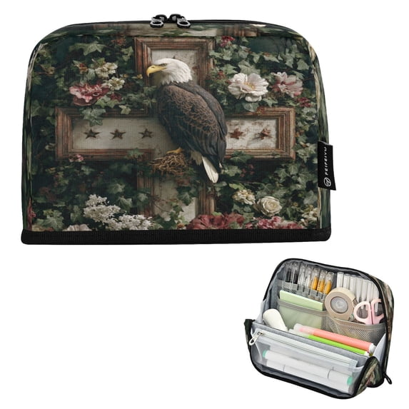 Standing Pencil Case with Base Large Capacity Stationery Pouch Pen Bag with Zipper for Women Men Wreath and Bald Eagle