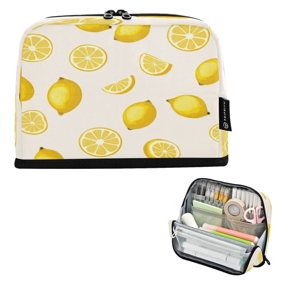 Standing Pencil Case with Base Large Capacity Stationery Pouch Pen Bag with Zipper for Women Men Yellow Lemon Pattern