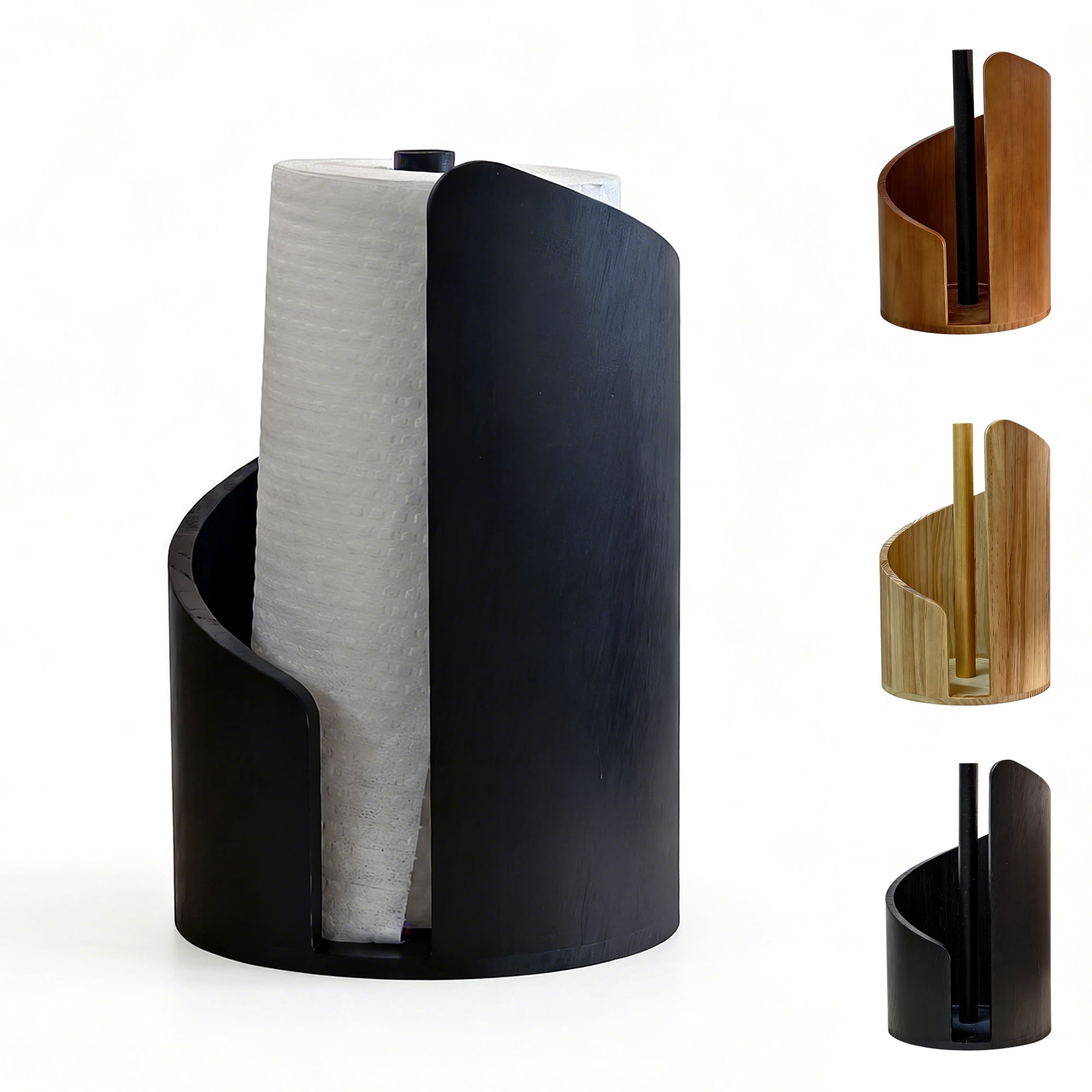 Standing Pine Wood Paper Towel Holder, 11.5" Countertop Dispenser Fits Jumbo Rolls, Modern Semi-Enclosed Design for One-Handed Tear, Brown/Natural/Black