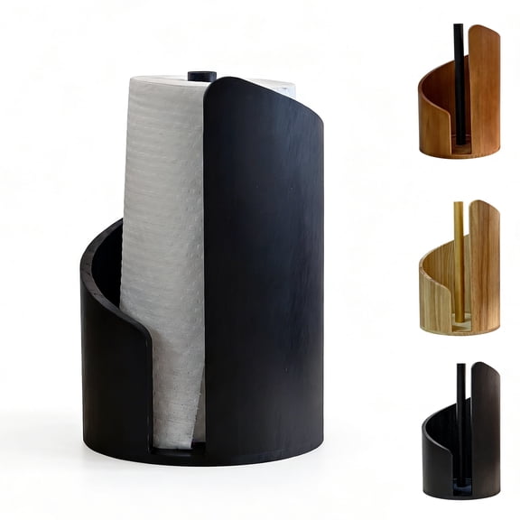 Standing Pine Wood Paper Towel Holder, 11.5" Countertop Dispenser Fits Jumbo Rolls, Modern Semi-Enclosed Design for One-Handed Tear, Brown/Natural/Black