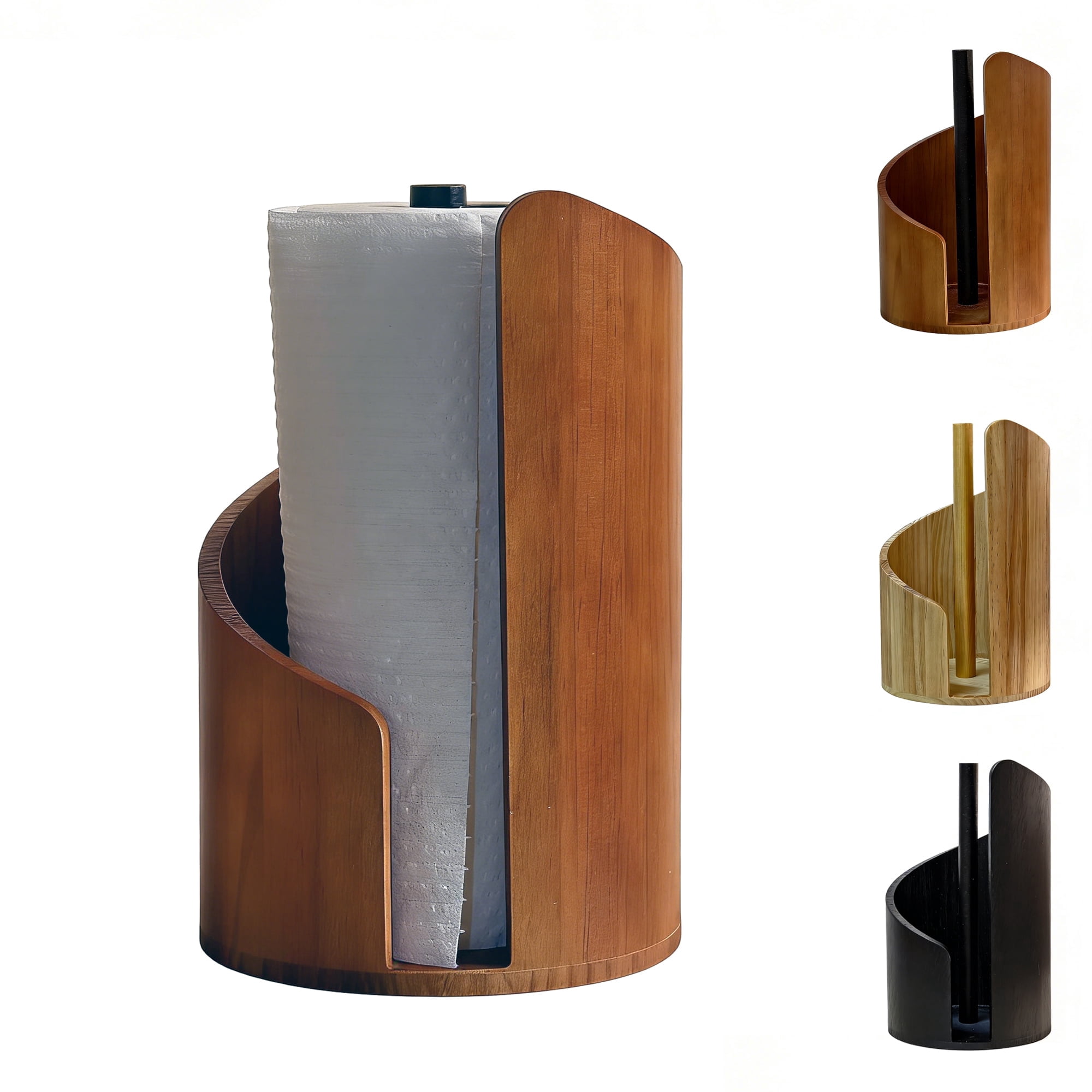 Standing Pine Wood Paper Towel Holder, 11.5" Countertop Dispenser Fits Jumbo Rolls, Modern Semi-Enclosed Design for One-Handed Tear, Brown/Natural/Black
