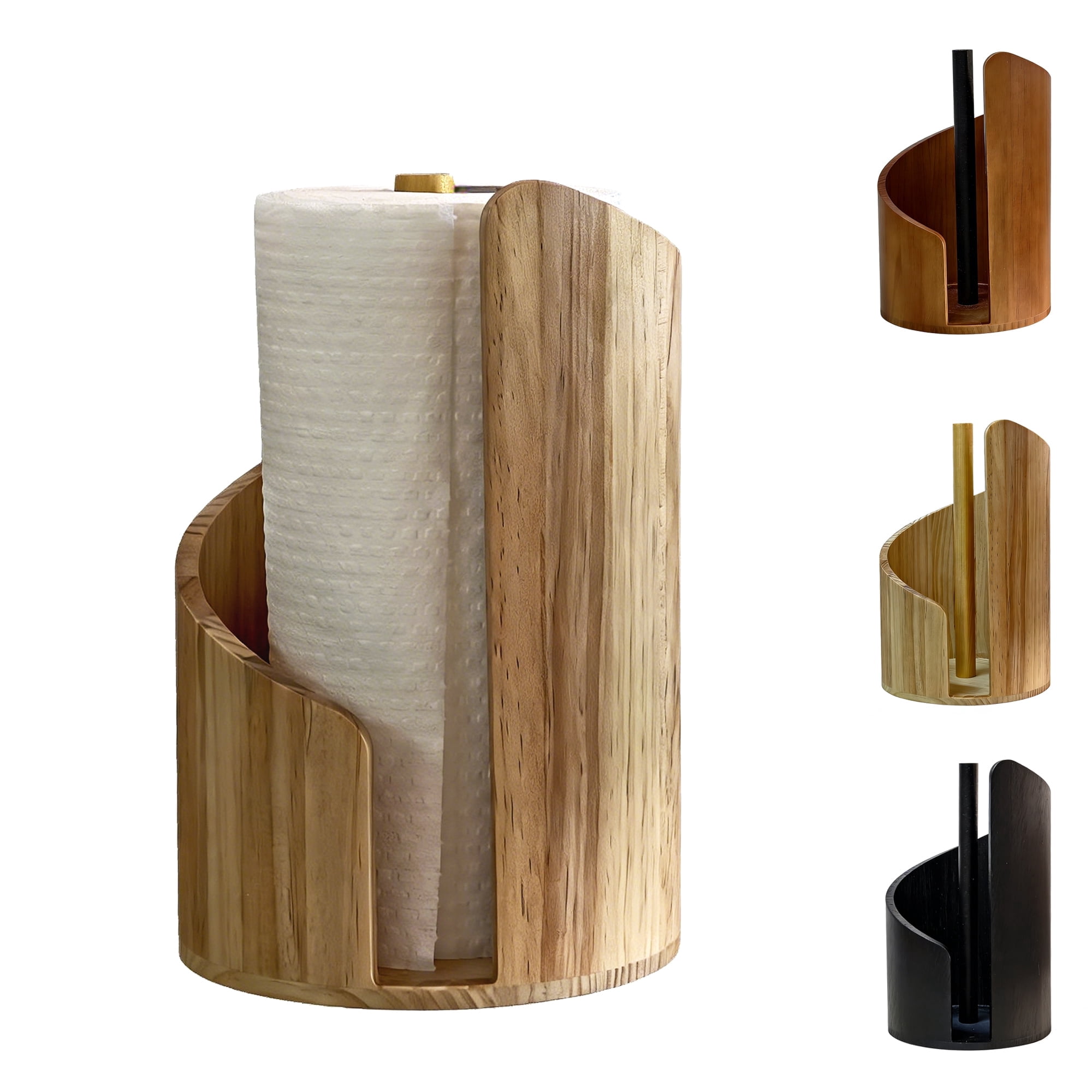 Standing Pine Wood Paper Towel Holder, 11.5" Countertop Dispenser Fits Jumbo Rolls, Modern Semi-Enclosed Design for One-Handed Tear, Brown/Natural/Black