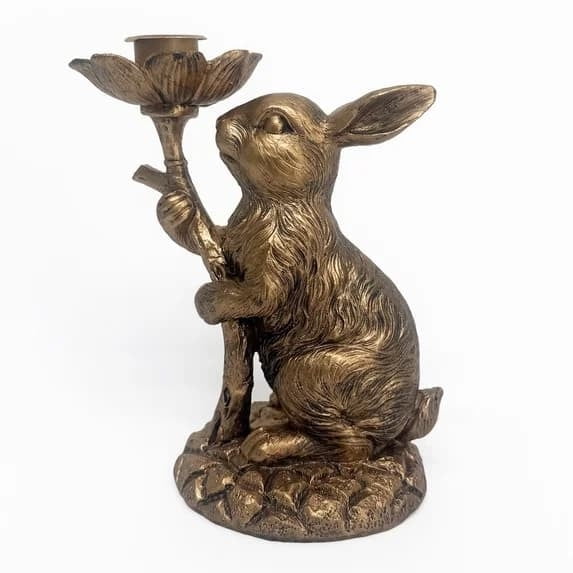Standing Rabbit Design Vintage Candlestick, Resin Craft with Flower Decor, Lovely Bunny Candle Holder, Easter Decor, Perfect for Home, Dining Table, Easter Celebration and Spring Ornament, Red, 6.5in
