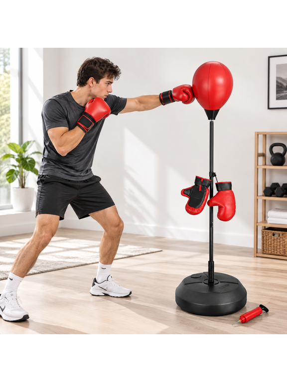 Standing Reflex Punching Bag with Adjustable Height, Gloves, and Fillable Base for Home