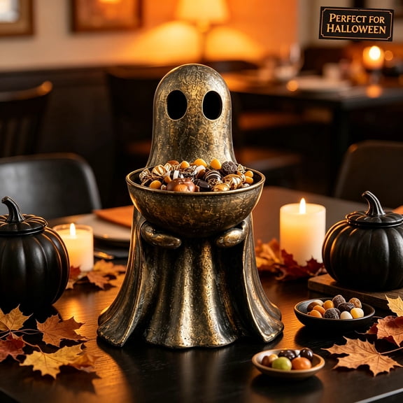 Standing Resin Ghost Candy Bowl Holder, Antique Gold Finish. Halloween Autumn Party Treat Dish, Farmhouse Tabletop Decor