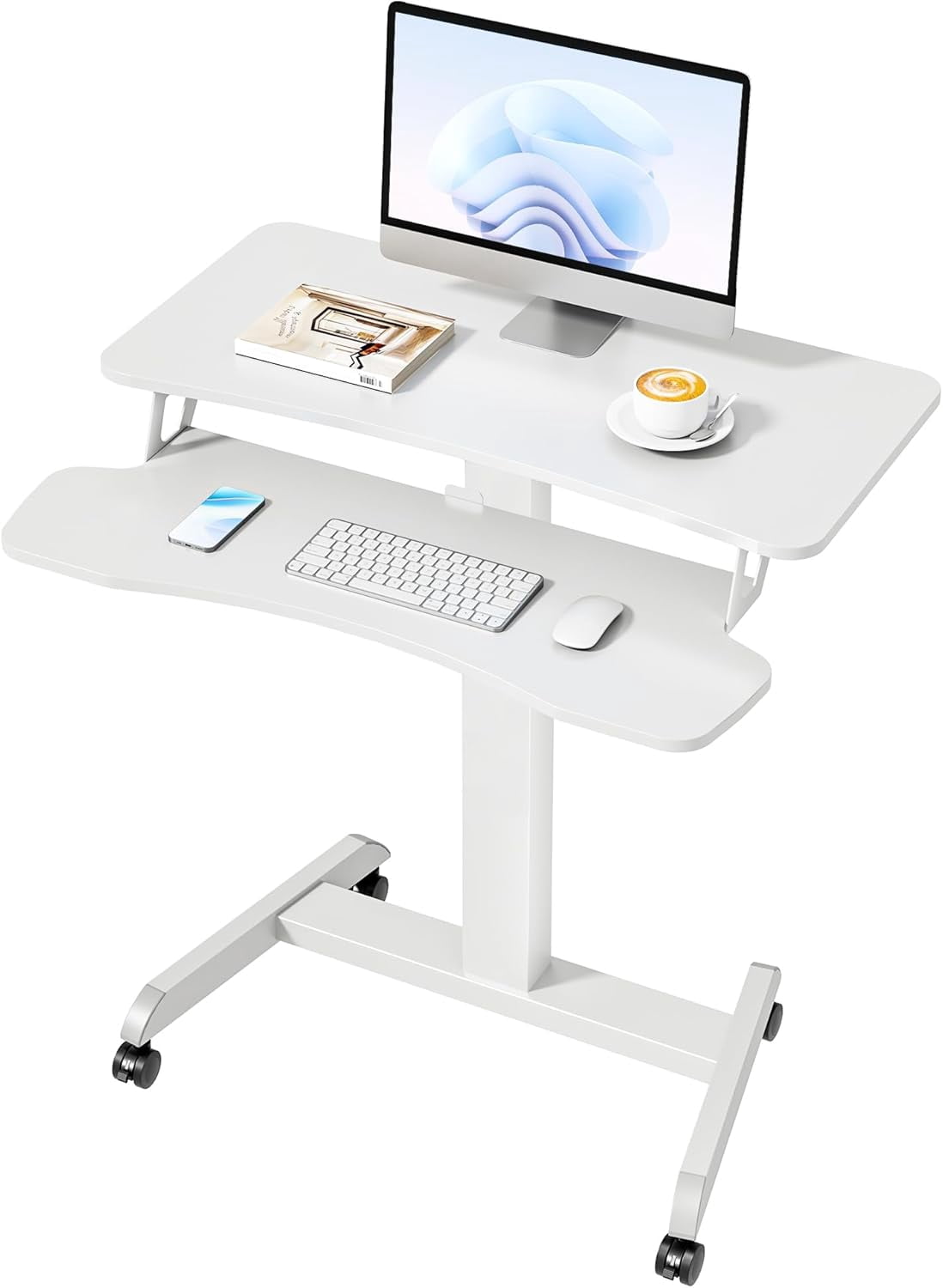 Standing Rolling Desk-Height Adjsutable up to 47.2' Rolling Podium for Teachers, 31.2'× 27.5' Dual Tier Sanding Desk for Classroom, Moveable Laptop Cart, Teacher Podium with Wheels, White