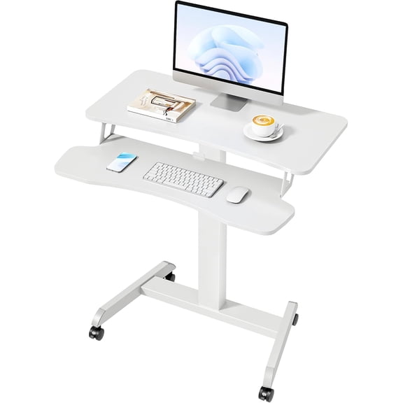 Standing Rolling Desk-Height Adjsutable up to 47.2' Rolling Podium for Teachers, 31.2' 27.5' Dual Tier Sanding Desk for Classroom, Moveable Laptop Cart, Teacher Podium with Wheels, White