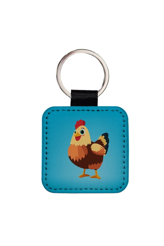 Standing Rooster Happy Faux Leather Square Keychain