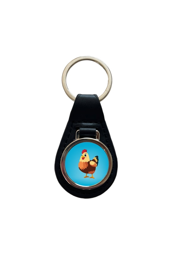 Standing Rooster Happy Metal Black Leather Keychain