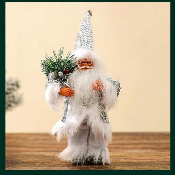 Standing Santa Claus Doll Ornament, Christmas Figurine with Jingle Bell for Tabletop Decor, Holiday Gift Bag Collectible(White)