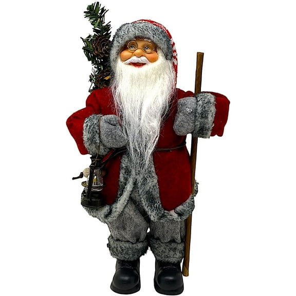 Standing Santa Figurine with Pine Tree Lantern and Walking Stick Christmas Winter Holiday Decor Collectible Tabletop Shelf Mantel Fireplace Display 12 Inch