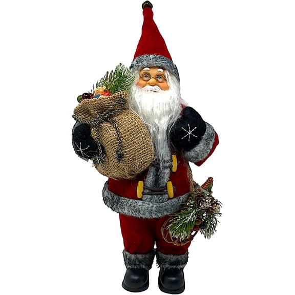 Standing Santa Figurine with Wreath and Bag of Toys Christmas Winter Holiday Decor Collectible Tabletop Shelf Mantel Fireplace Display 12 Inch