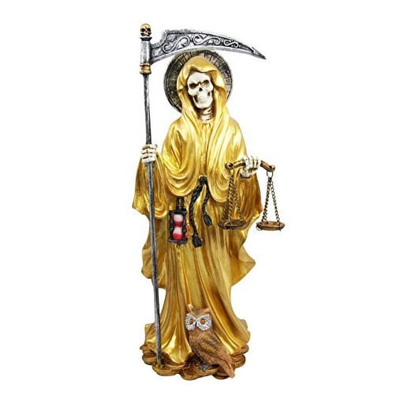 Standing Santa Muerte Holding Scythe and Scales of Justice in Gold Robe Statue
