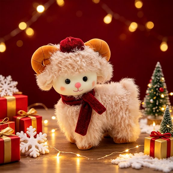 Standing Sheep Plush Figure, Year of the Sheep Stuffed Lamb Mascot with Stable Base for Tabletop, Shelf and Lunar New Year Decor